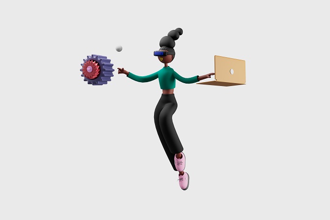 Woman using virtual reality glasses and working on laptop on isolated background. 3d illustration. Cartoon characters.